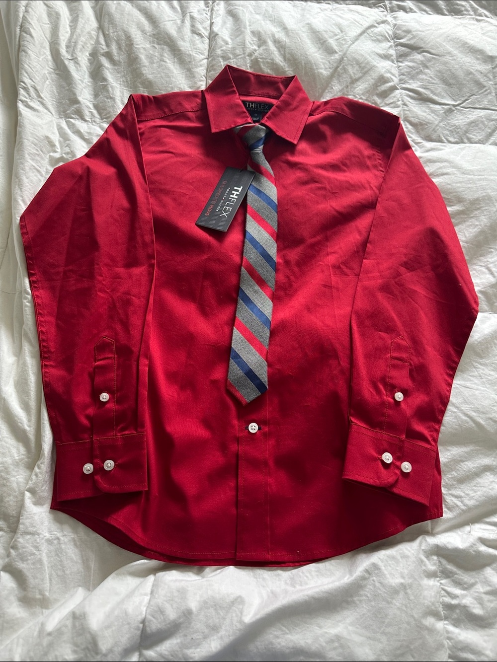 Tommy Hilfiger Red Button-Down Dress Shirt with Striped Tie